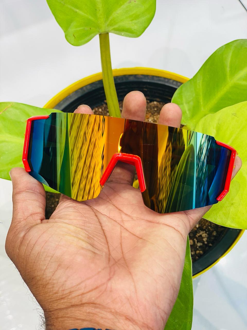 Unisex Multi-Color Lens Red Frame Wrap Sunglasses