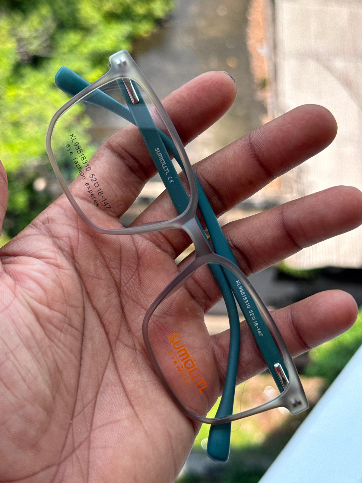 Matte Grey Rectangular Eyeglasses Frame with Blue Temples for Men & Women